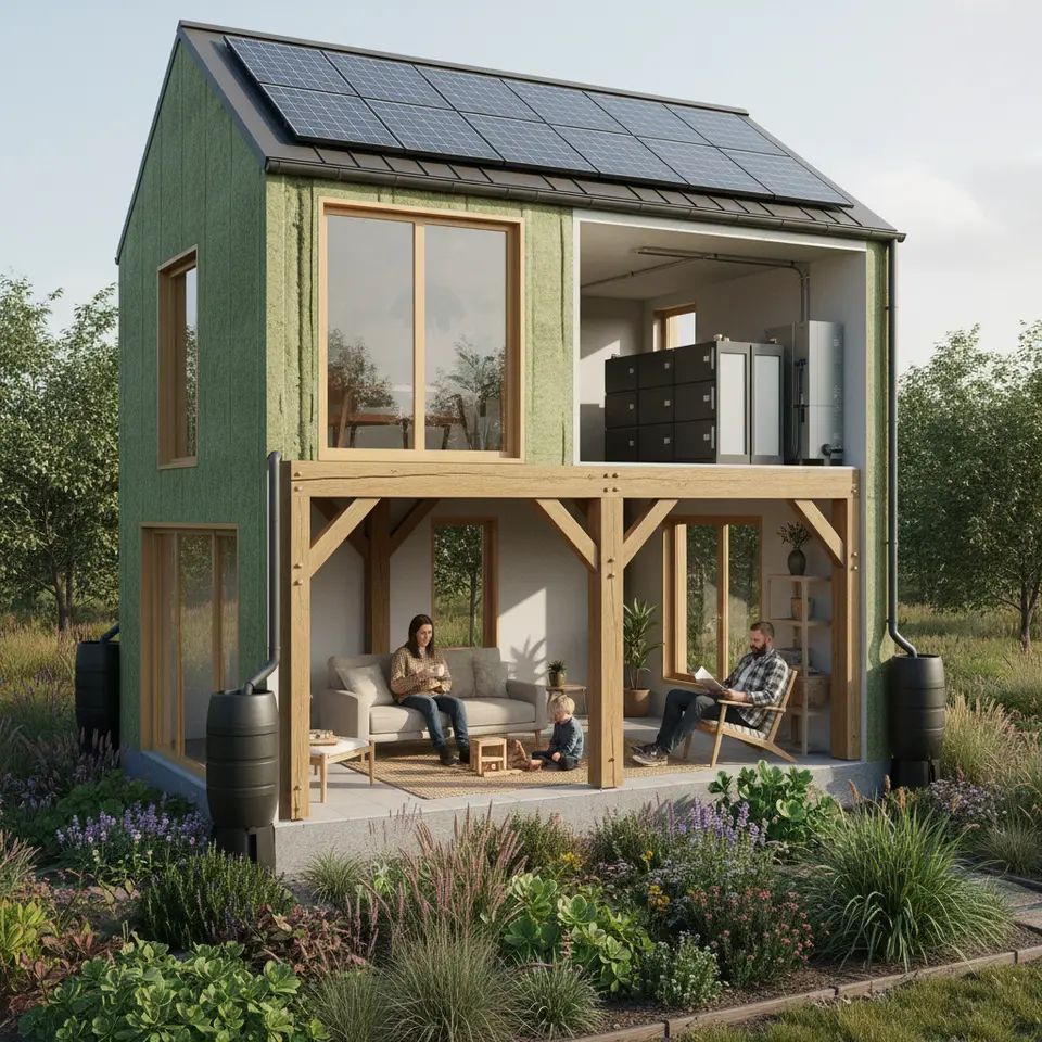 Green Materials and Resource-Efficient Practices – A cutaway view of a modern eco-home: high-R-value insulation in walls, triple-pane argon-filled windows, rooftop solar panels feeding into a battery bank, rainwater harvesting barrels diverting water to a lush, drought-tolerant native garden, and reclaimed wood beams framing an open living area.