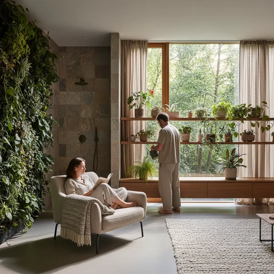 Designing for Wellness and Biophilic Connectivity – An inviting interior space bathed in circadian lighting: a vertical green wall with trailing vines, a cozy reading nook beside a large window overlooking a forested courtyard, natural stone accents in a spa-style shower, potted plants on floating shelves, and soft textiles that blend indoor comfort with outdoor serenity.
