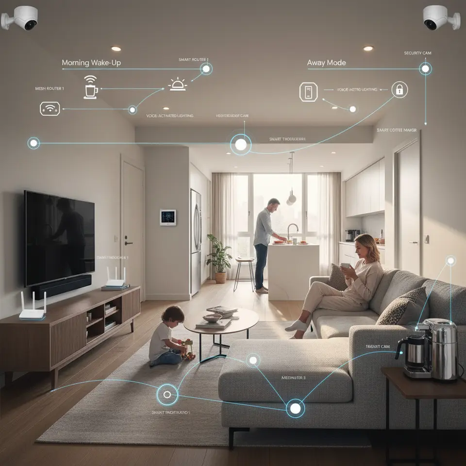 A sleek modern living room showcasing Smart Home Integration: mesh Wi-Fi routers, smart thermostat, voice-activated lighting, security cameras, and a countertop coffee maker all connected in a unified network; overlay subtle network diagrams and labeled devices to illustrate automated “Morning Wake-Up” and “Away Mode” scenes
