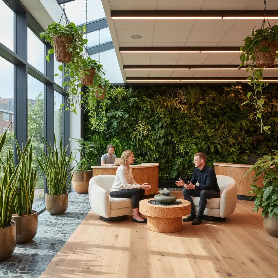 A biophilic interior design concept featuring a lush vertical living wall, large sunlit windows or skylight, raw wood and stone flooring, a small tabletop fountain, and clusters of low-maintenance indoor plants like snake plants and pothos; include cork and wool textures, biomorphic furniture curves, and color-shifting circadian lighting