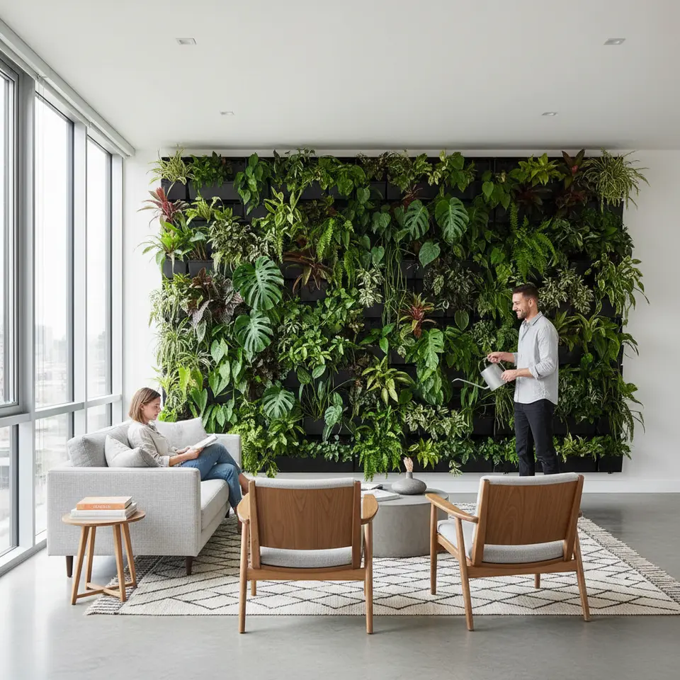 Green Walls & Indoor Gardens: A minimalist living space with a full-height vertical garden composed of modular planter panels, lush tropical plants cascading down a feature wall, soft natural light from floor-to-ceiling windows, and clean-lined furniture that highlights the contrast between greenery and neutral finishes.