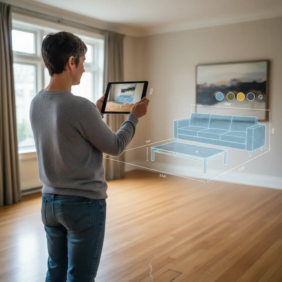 AR Room Planning: A modern interior scene with a person holding a tablet up towards an empty room, viewing an augmented-reality overlay of digital furniture and color swatches floating in the space—transparent 3D models of a sofa, coffee table, and artwork aligned against real walls, with interactive icons and measurement guides.