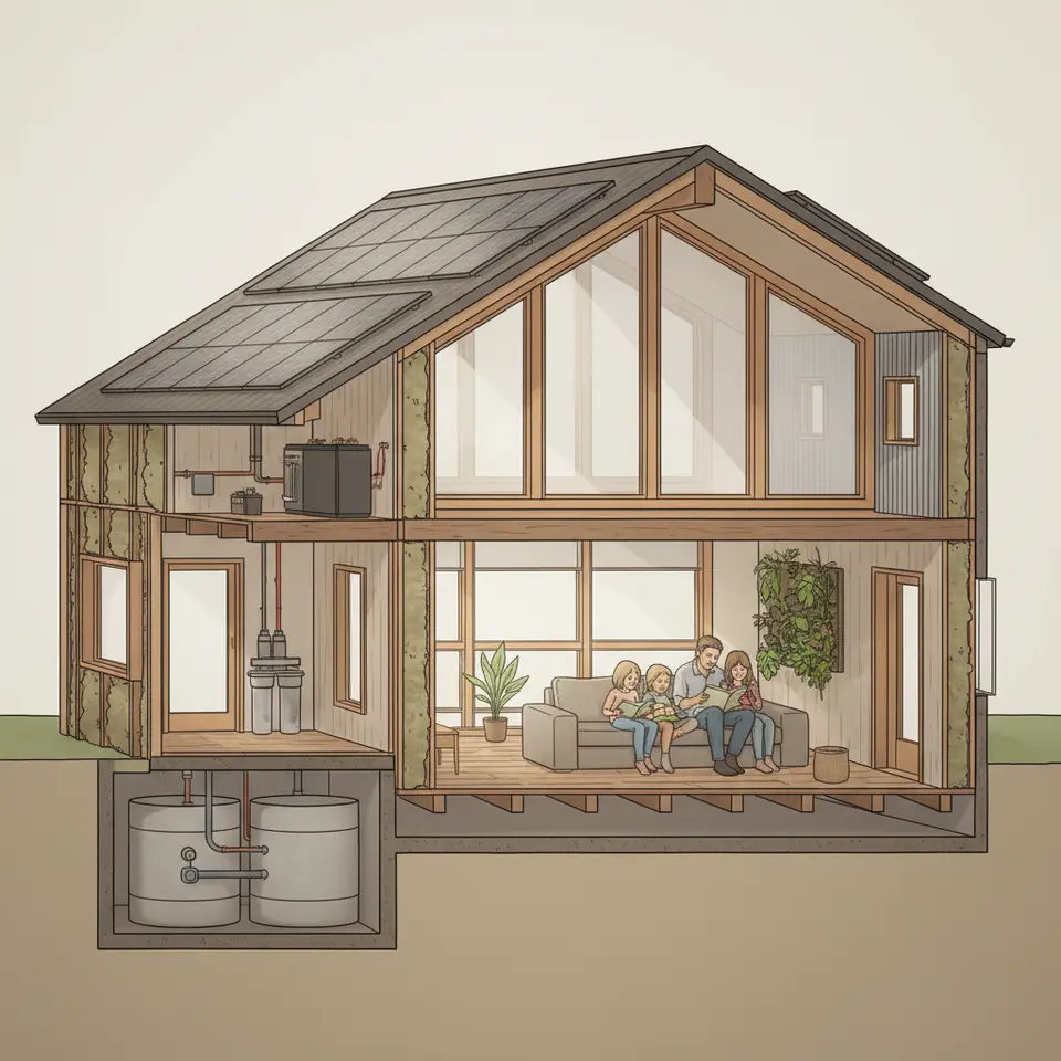 Cross-sectional illustration of a net-zero sustainable home showcasing passive design and eco-friendly systems: solar panels on a south-facing roof feeding into a battery bank, oversized insulated windows optimized for winter sun and summer shading, natural fiber insulation in walls, rainwater harvesting tanks underground, and reclaimed wood and recycled metal finishes.