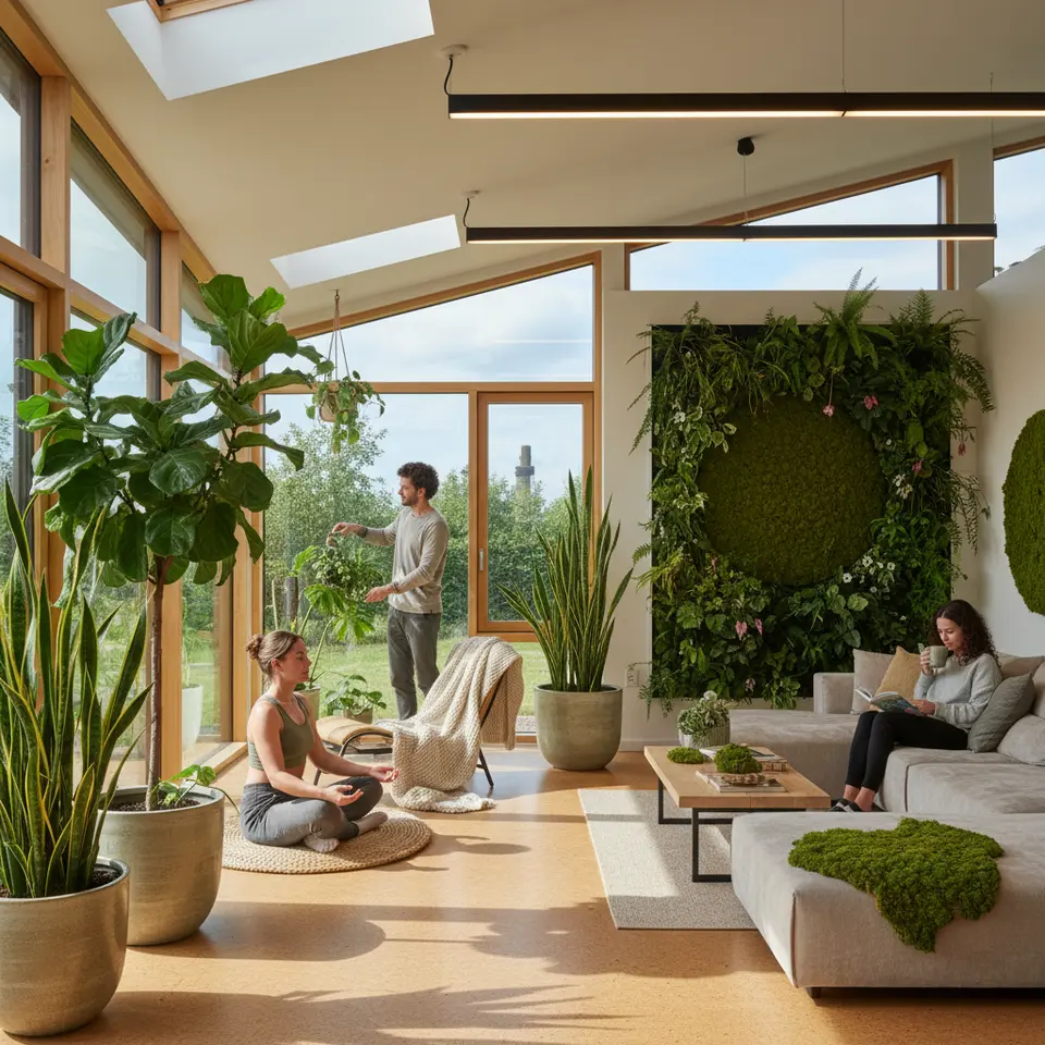 Interior biophilic wellness living space infused with natural light and organic forms: large operable windows and skylights bathing the room in daylight, living green walls and potted plants improving air quality, circadian LED lighting panels subtly shifting color temperature, a serene meditation/yoga nook with cork flooring and curved bamboo furnishings, plus soft textiles and moss installations for texture.