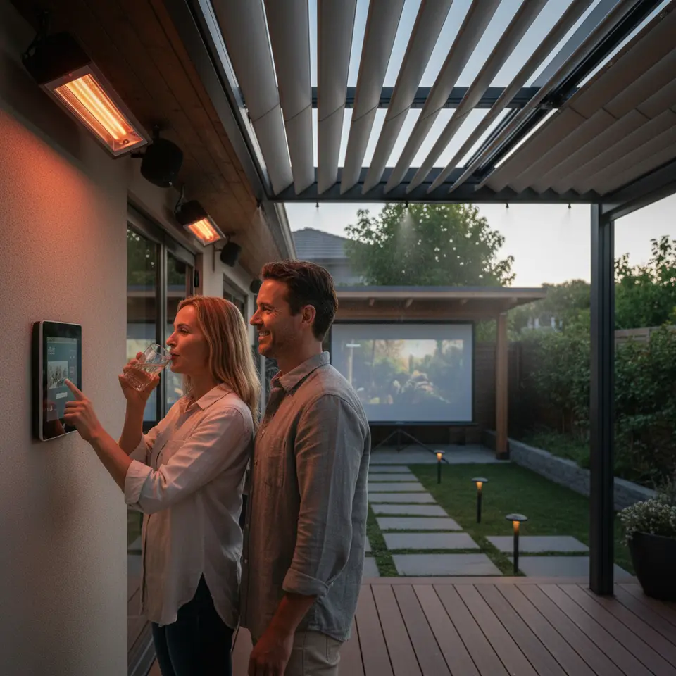 Smart Technology Integration for Patios – a twilight backyard scene featuring a retractable pergola with adjustable louvers, solar-powered motion-activated LED path lights, infrared patio heaters and automated misting fans, discreet weatherproof speakers under the overhang, and an outdoor projector screen, all controlled via a sleek wall-mounted panel or smartphone app.
