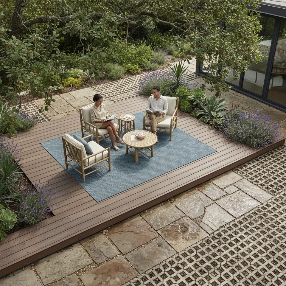 Sustainable Materials and Eco-Friendly Practices – a top-down or isometric view of a patio showcasing composite decking made from reclaimed polymers, responsibly quarried natural stone pavers, bamboo lounge furniture, a recycled PET fiber rug, drip irrigation feeding native succulents and lavender, and permeable pavers allowing rainwater to recharge the soil.